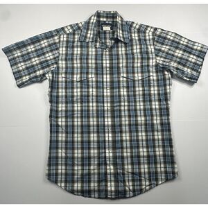 Wrangler Blue And White‎ Plaid Short Sleeve Pearl Snap Button Shirt Men Medium